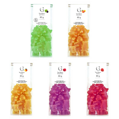Teebären Sparset mit ausgewählten Fruchtgummi-Teesorten zum Auflösen in Wasser für vielseitigen Teegenuss.