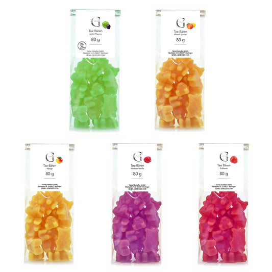 Teebären Sparset mit ausgewählten Fruchtgummi-Teesorten zum Auflösen in Wasser für vielseitigen Teegenuss.