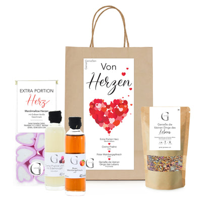 Genial Genießen Von Herzen Geschenktüte mit liebevoll ausgewählten Genussprodukten als besondere Aufmerksamkeit für Herzensmenschen