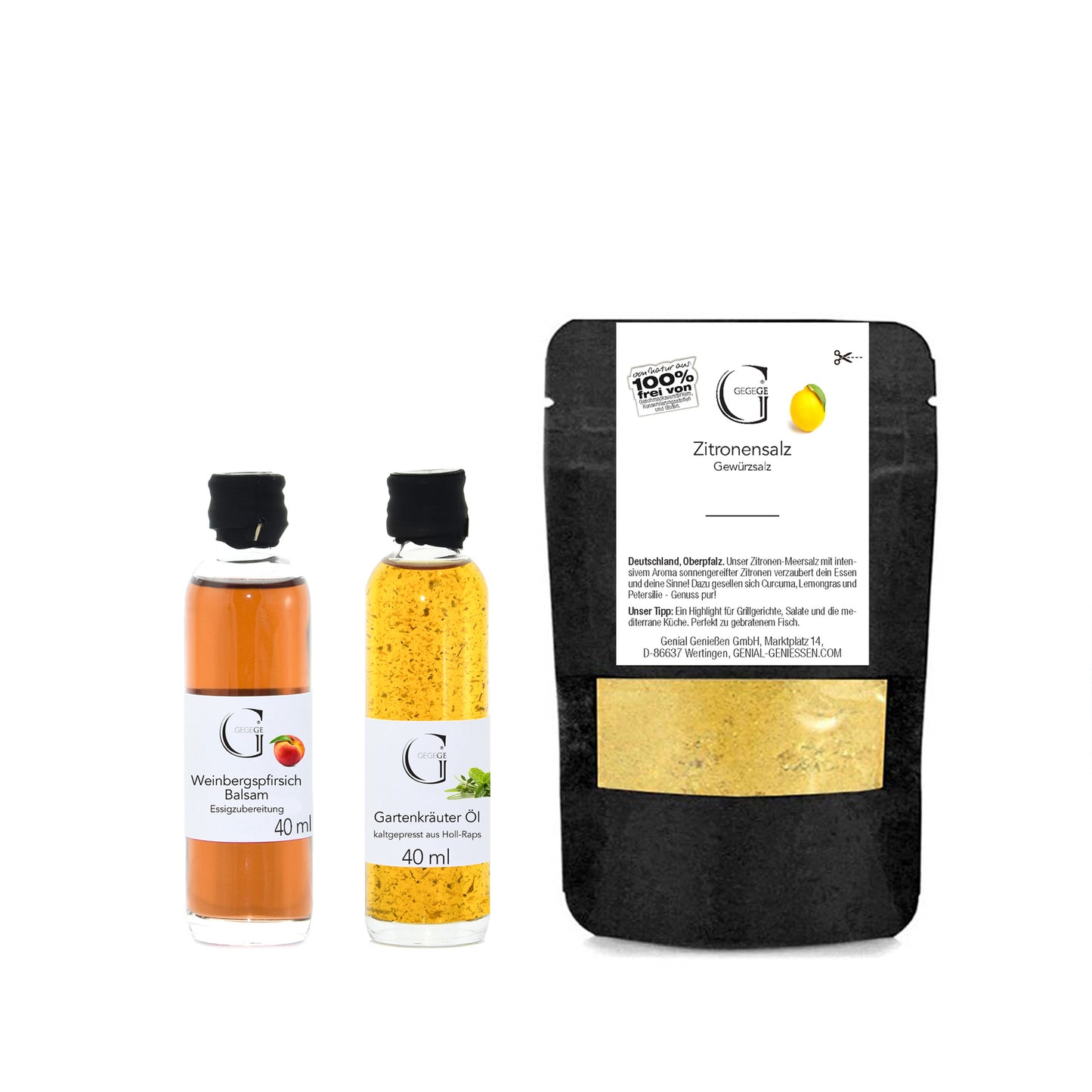 Genial Genießen Geschenkset mit Weinbergpfirsich- und Gartenkräuter-Dressing-Komponenten, stilvoll präsentiert in einer attraktiven Verpackung und perfekt für Feinschmecker sowie Liebhaber fruchtig-herzhafter Genussmomente.
