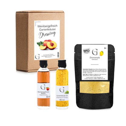 Hochwertiges Dressing-Set von Genial Genießen mit fein abgestimmten Aromen aus Weinbergpfirsich und Gartenkräutern, ideal zum Verfeinern von Salaten, Gemüsegerichten und leichten Speisen.
