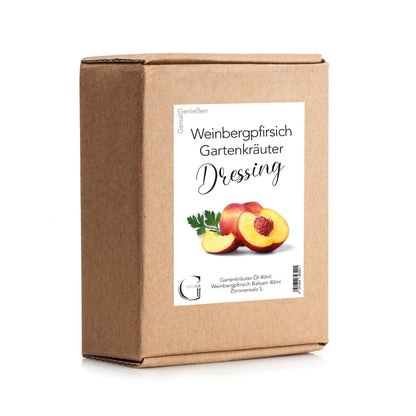 Genial Genießen Dattel-Zitronen Dressing-Set in dekorativer Geschenkverpackung mit fruchtigem Dattel-Balsam, Zitronen-Olivenöl und ausgewählten Gewürzen für kreative Salate und mediterrane Gerichte.