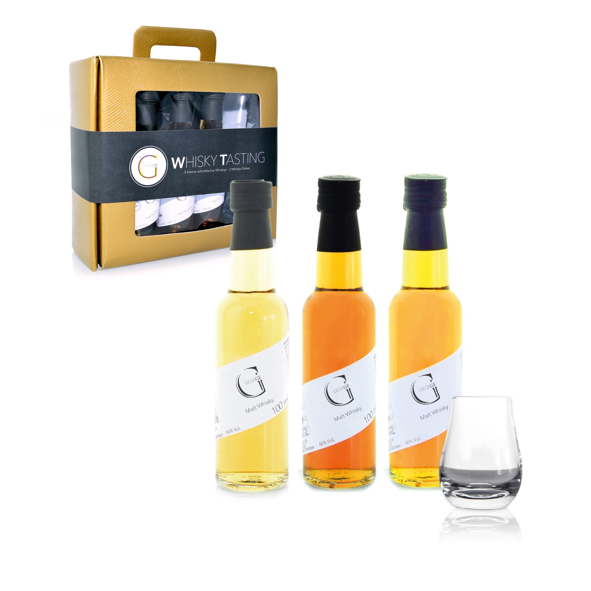 Hochwertiges Whisky-Probierset von Genial Genießen mit drei schottischen Single Malt Whiskys sowie einem Degustationsglas in stilvoller Geschenkbox für besondere Genussmomente.